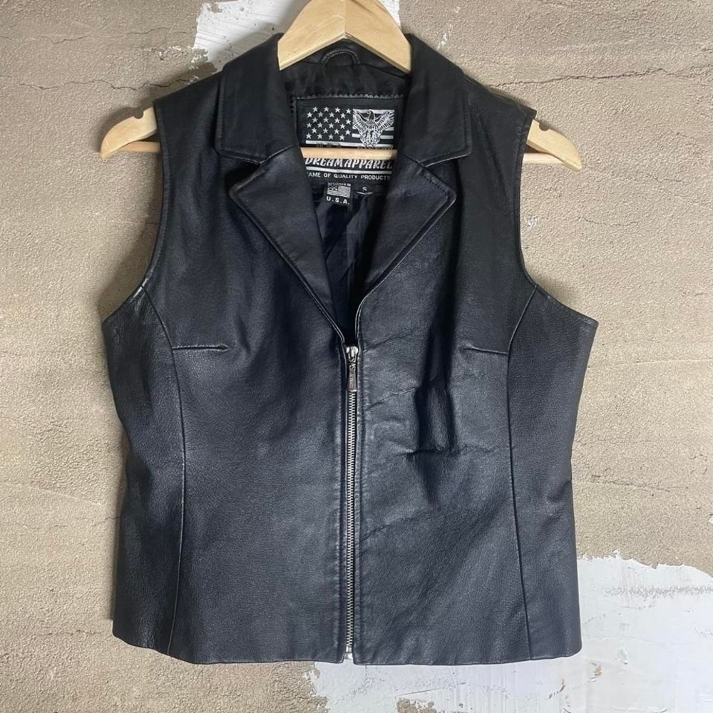 Classic black leather vest featuring a full zipper